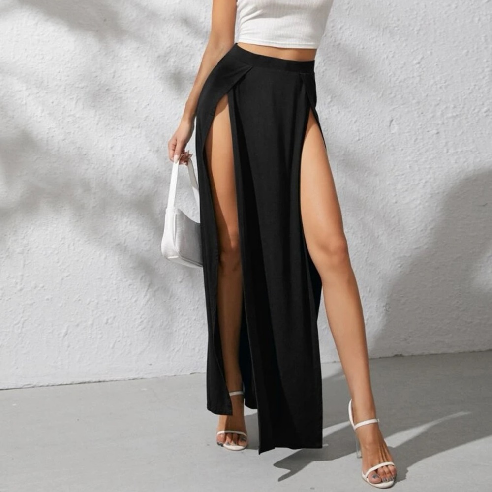 SHEIN black Elastic Waist M-slit Thigh Skirt